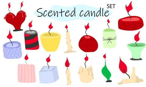 A set of scented candles with a burning fire. Candles for interior, lighting and イラスト素材