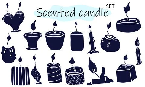 A set of scented candles with a burning fire. Candles for interior, lighting and Stock Illustration