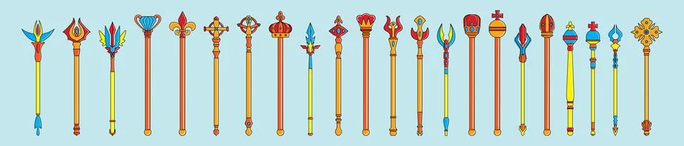 Set of scepter. symbol of monarchy design template with various models. Illustrazione stock