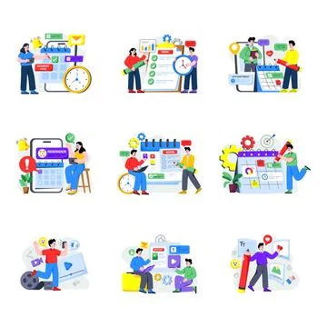 Set of Schedule and Management Flat Illustrations Stock Illustration