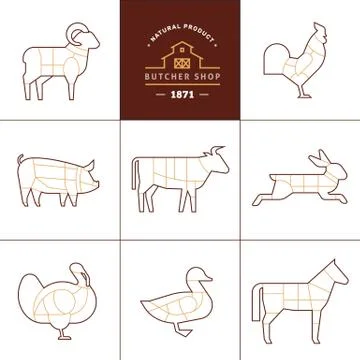 Set a schematic view of animals for the butcher shop. Stock Illustration