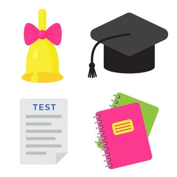 Set of school and educational elements. School bell, copybooks, test list and 스톡 일러스트