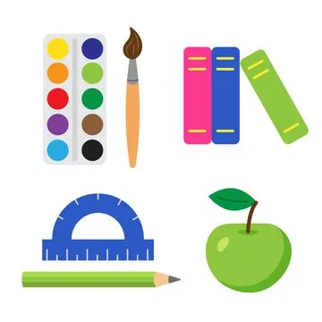 Set of school and educational elements. Paints with brush, books, protractor Illustrazione stock