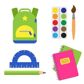 Set of school and educational elements. Paints with brush, copybooks, protractor Stock Illustration