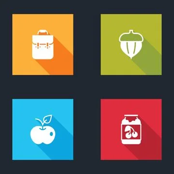 Set School backpack, Acorn, Apple and Jam jar icon. Vector イラスト素材