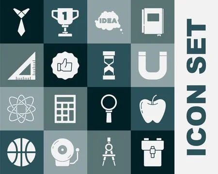 Set School backpack, Apple, Magnet, Idea, speech bubble, Hand thumb up, Trian Stock Illustration
