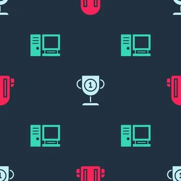 Set School backpack, Award cup and Computer monitor on seamless pattern. Vector Stock Illustration