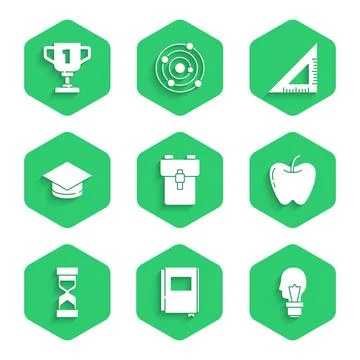Set School backpack, Book, Light bulb with concept of idea, Apple, Old hourglass Stock Illustration