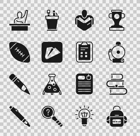 Set School backpack, Book, Ringing alarm bell, Man reading book, Paper airplane Stock Illustration