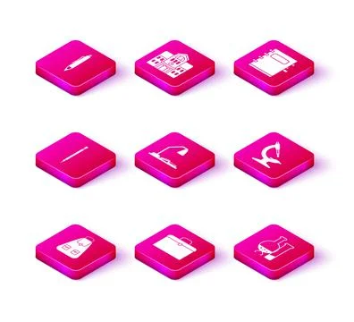 Set School backpack, Briefcase, Pencil with eraser, Workplace table lamp and Ilustración de archivo