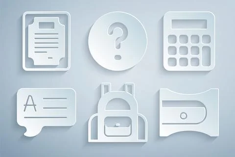 Set School backpack, Calculator, Speech bubbles with Answer, Pencil sharpen.. Stock Illustration