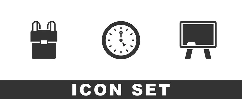 Set School backpack, Clock and Chalkboard icon. Vector 스톡 일러스트
