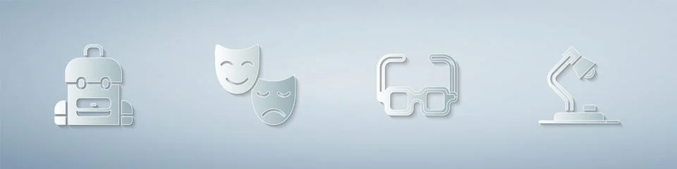 Set School backpack, Comedy and tragedy masks, Glasses and Table lamp. Paper art Stock Illustration