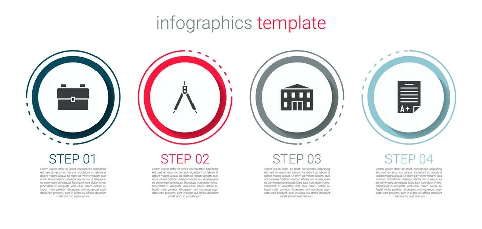Set School backpack, Drawing compass, building and Exam sheet with A plus grade Ilustración de archivo