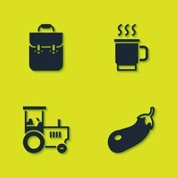 Set School backpack, Eggplant, Tractor and Cup of tea icon. Vector Stock Illustration