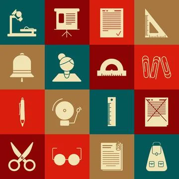 Set School backpack, Exam paper with incorrect answers survey, Paper clip, .. Stock Illustration