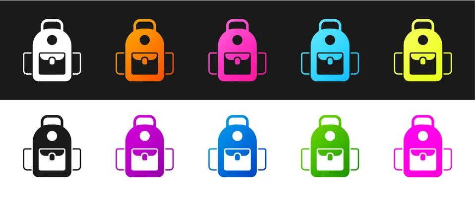 Set School backpack icon isolated on black and white background. Vector Stock Illustration