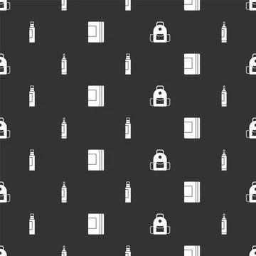 Set School backpack, Marker pen, and Spiral notebook on seamless pattern. Vector Stock Illustration