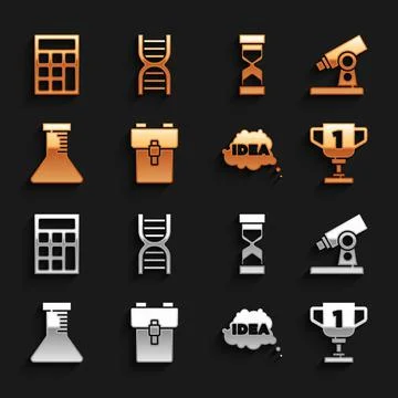 Set School backpack, Microscope, Award cup, Idea, speech bubble, Test tube and Stock Illustration