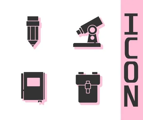 Set School backpack, Pencil with eraser, Book and Microscope icon. Vector 스톡 일러스트