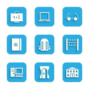 Set School backpack, Pencil sharpener, building, Abacus, Computer monitor Ilustración de archivo