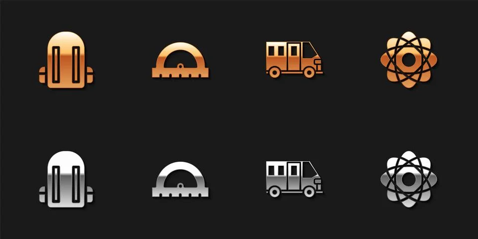 Set School backpack, Protractor, Bus and Atom icon. Vector イラスト素材