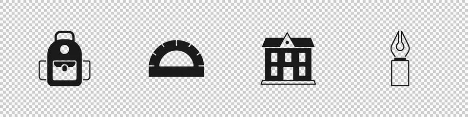 Set School backpack, Protractor grid, building and Fountain pen nib icon. Vector Ilustración de archivo