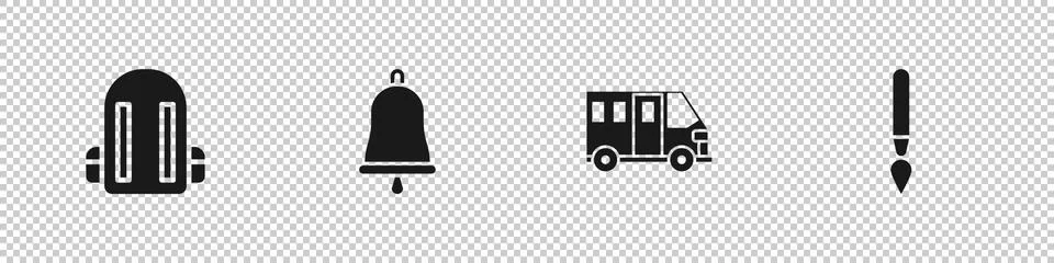Set School backpack, Ringing bell, Bus and Paint brush icon. Vector イラスト素材