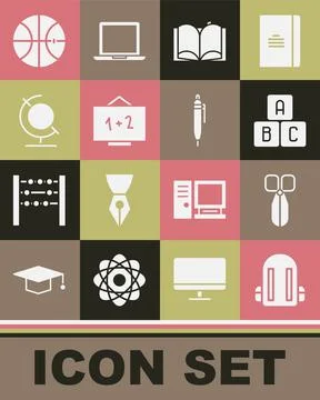 Set School backpack, Scissors, ABC blocks, Open book, Chalkboard, Earth globe Stock Illustration