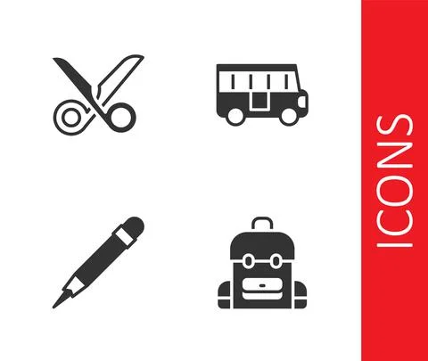 Set School backpack, Scissors, Pencil with eraser and Bus icon. Vector Stock Illustration