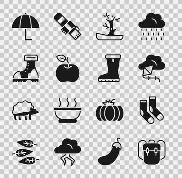 Set School backpack Socks Kite Bare tree Apple Waterproof rubber boot Umbrell Stock Illustration