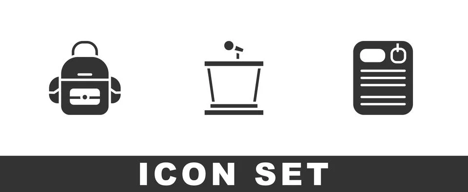 Set School backpack, Stage stand and Dossier folder icon. Vector Stock Illustration