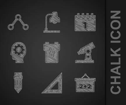 Set School backpack, Triangular ruler, Chalkboard, Microscope, Pencil with Illustrazione stock