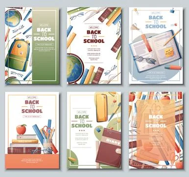 Set of school banners, flyers with backpack, globe, books. Back to school, te Stock Illustration