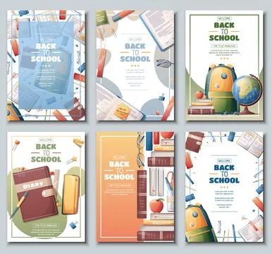 Set of school banners, flyers with backpack, globe, books. Back to school, .. Stock Illustration