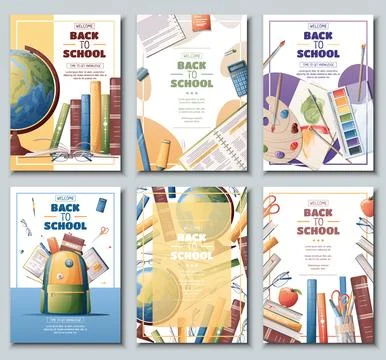 Set of school banners, flyers with backpack, globe, books. Back to school, te Stock Illustration