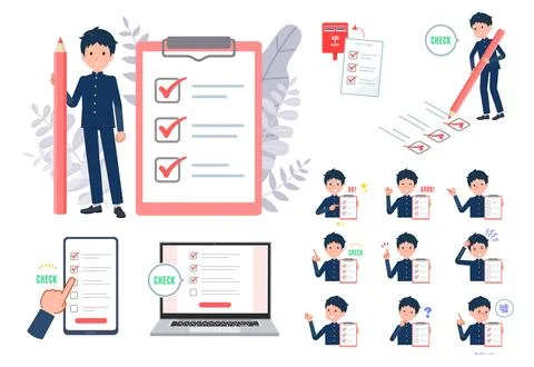 A set of School boy with a check mark Stock Illustration