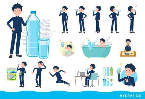 A set of School boy drinking water Stock Illustration