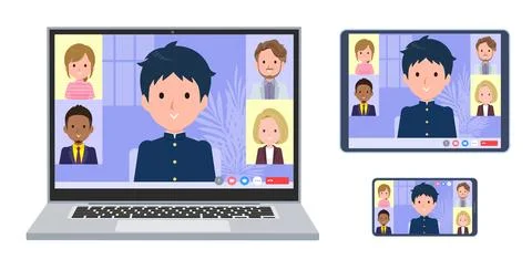A set of School boy having an online meeting Stock Illustration