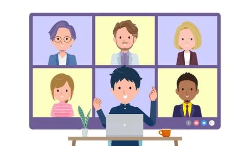 A set of School boy having an online meeting with multiple people. Front angl Stock Illustration