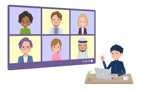 A set of School boy having an online meeting with multiple people. perspect.. Stock Illustration