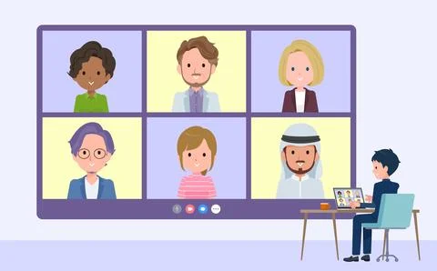 A set of School boy having a video chat with multiple people Stock Illustration