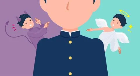 A set of School boy struggling between an angel and a devil Stock Illustration