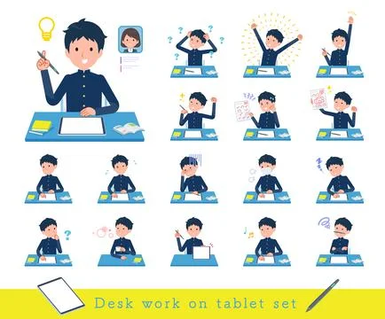 A set of School boy studying on a tablet device Stock Illustration
