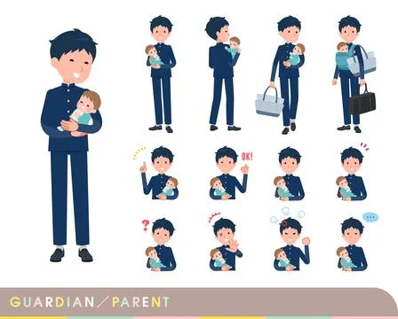 A set of School boy who are guardian of baby Stock Illustration