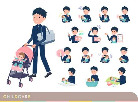A set of School boy who take care of their baby Stock Illustration