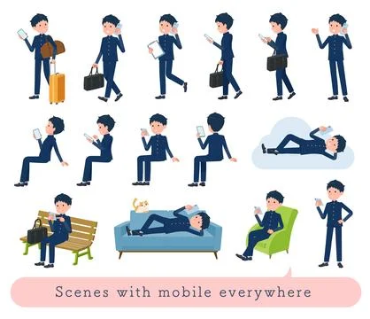 A set of School boy who uses a smartphone in various scenes Stock Illustration
