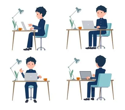 A set of School boy working at a desk at a computer Stock Illustration