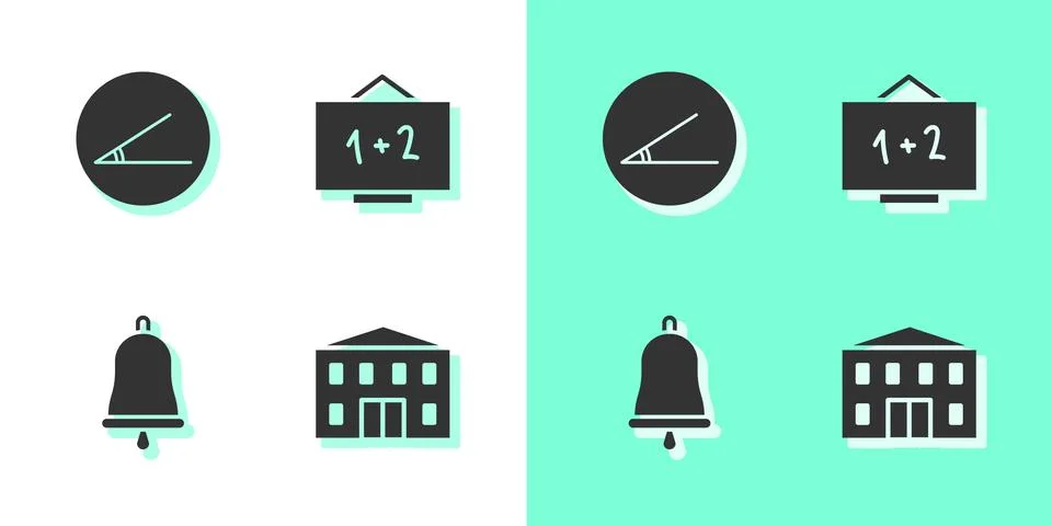 Set School building, Acute angle, Ringing bell and Chalkboard icon. Vector Ilustración de archivo