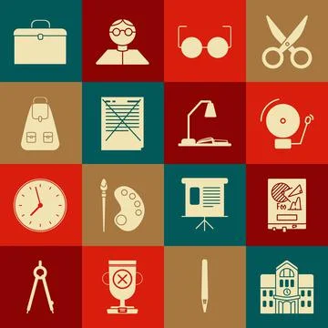 Set School building, Board with graph chart, Ringing alarm bell, Glasses, Exam Ilustración de archivo